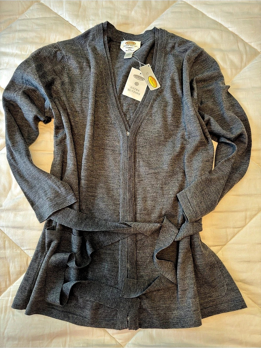 Talbots Petites Merino Wool Cardigan w/ Tie Belt Gray 1X NWT